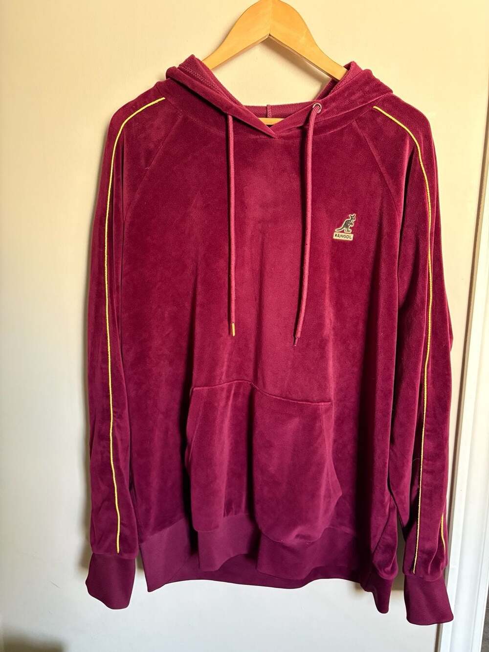 Kangol Men's Velour Pullover Hoodie in Burgundy with Pinstripe Detail